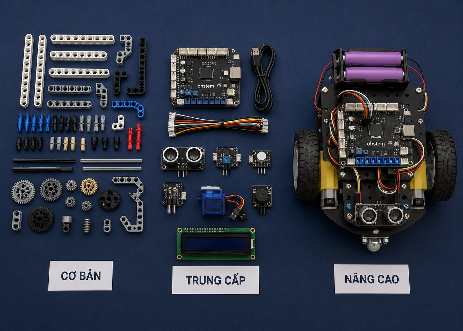 Bộ kit robotics, bo mạch điều khiển và linh kiện sắp xếp trên bàn lắp ráp