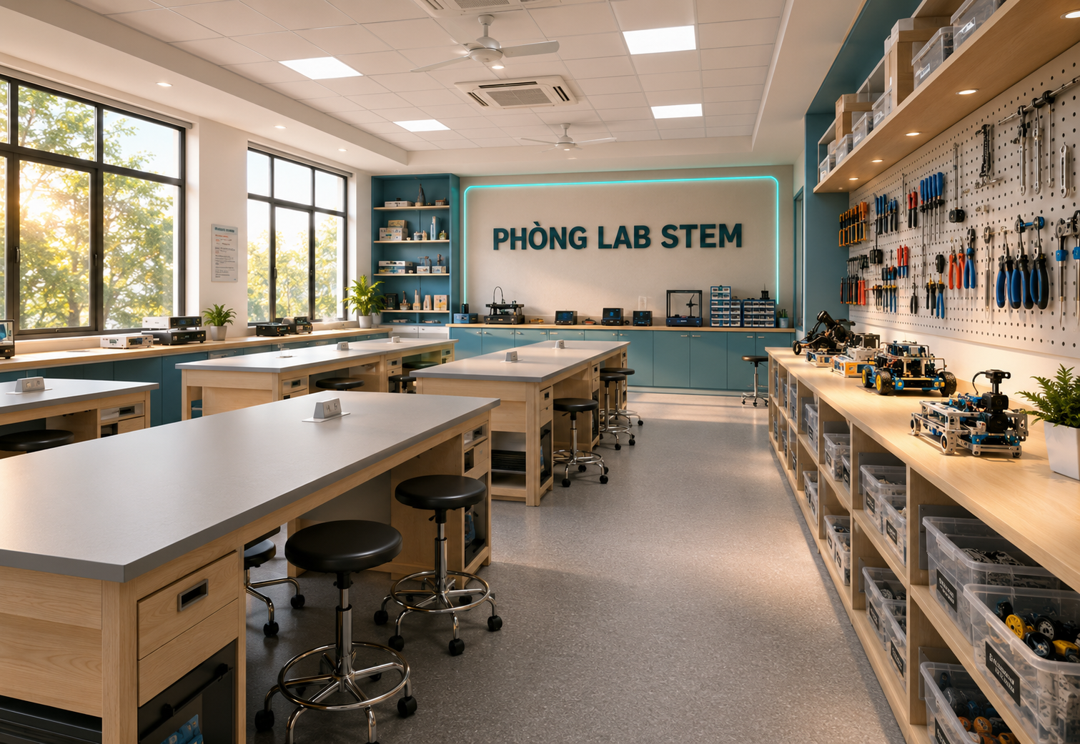 Không gian phòng lab STEM với bàn lắp ráp và tủ đựng thiết bị