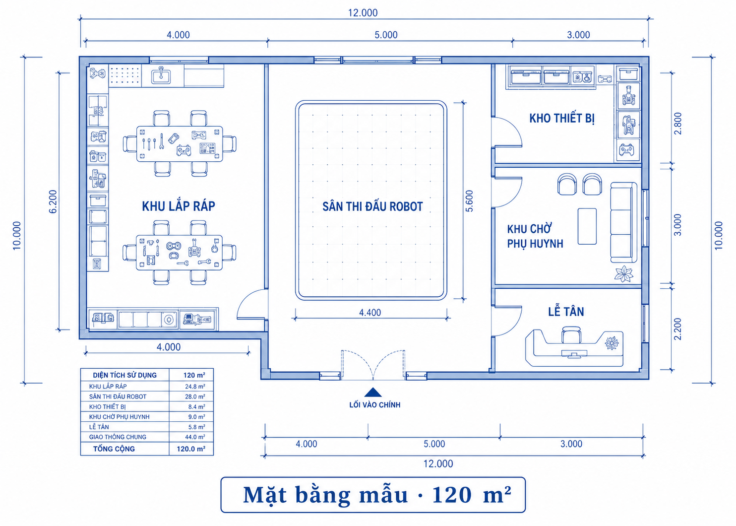 Sơ đồ bố trí mặt bằng trung tâm STEM với các khu chức năng
